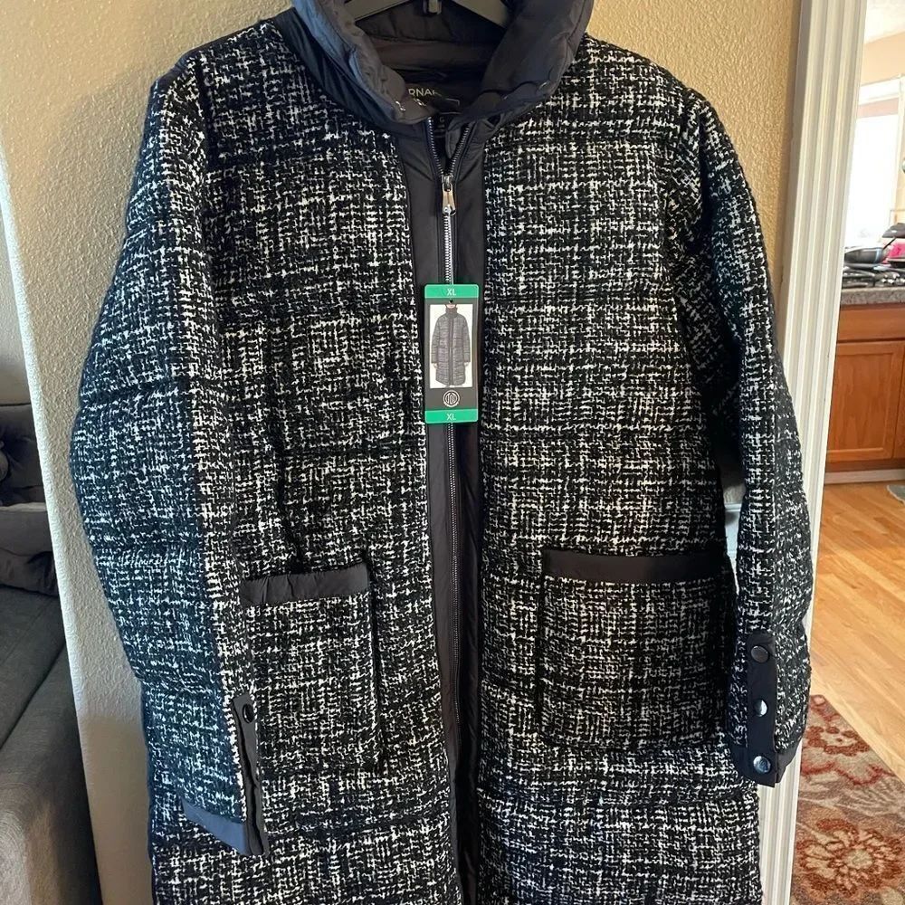 Bernardo Long Black Womens Tweed Look Puffer Coat NWT XL